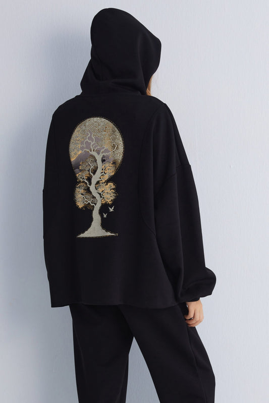 Golden Tree Art Back Black Hoodie