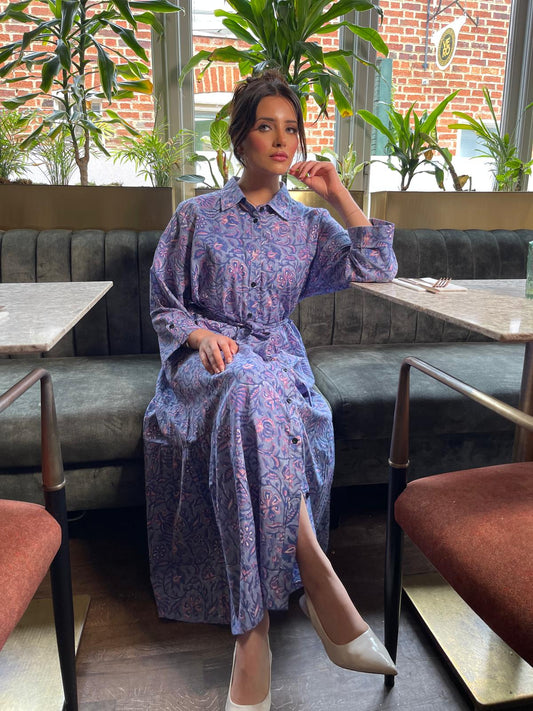 Collared Shirt Dress in Purple Block Print