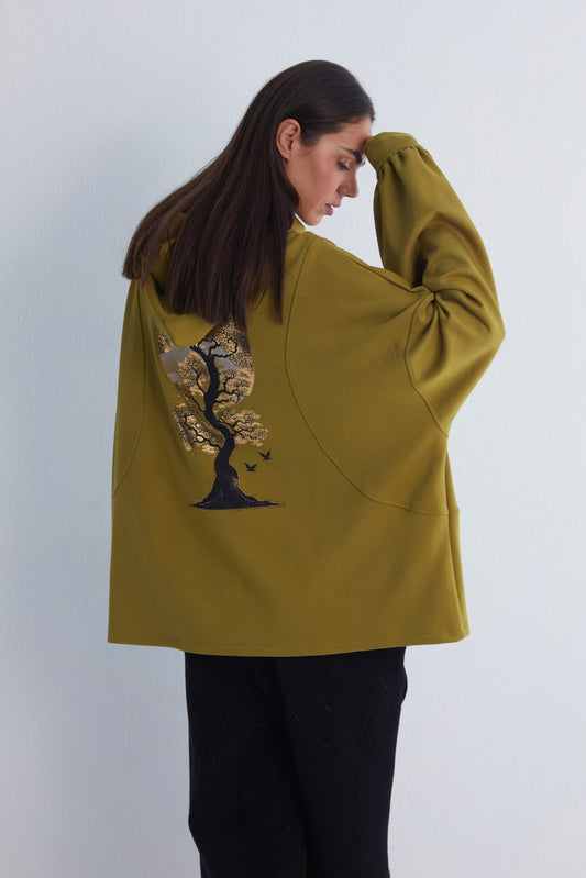 Golden Tree Art Back Green Hoodie