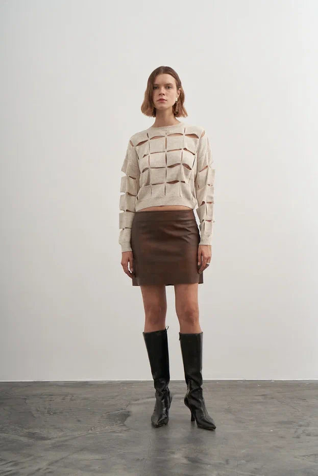 Square Ripped Long Sleeve Sweater in Stone