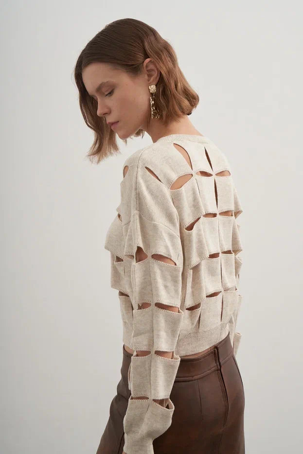 Square Ripped Long Sleeve Sweater in Stone