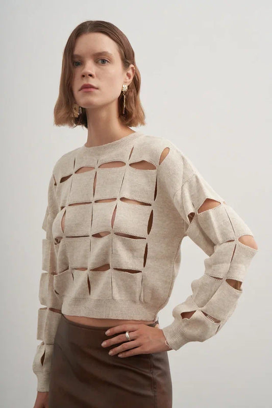 Square Ripped Long Sleeve Sweater in Stone